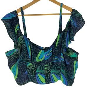 Trashy Diva Deco Peacock Ruffle Cold Shoulder Black Blue Cropped Top Women's 24